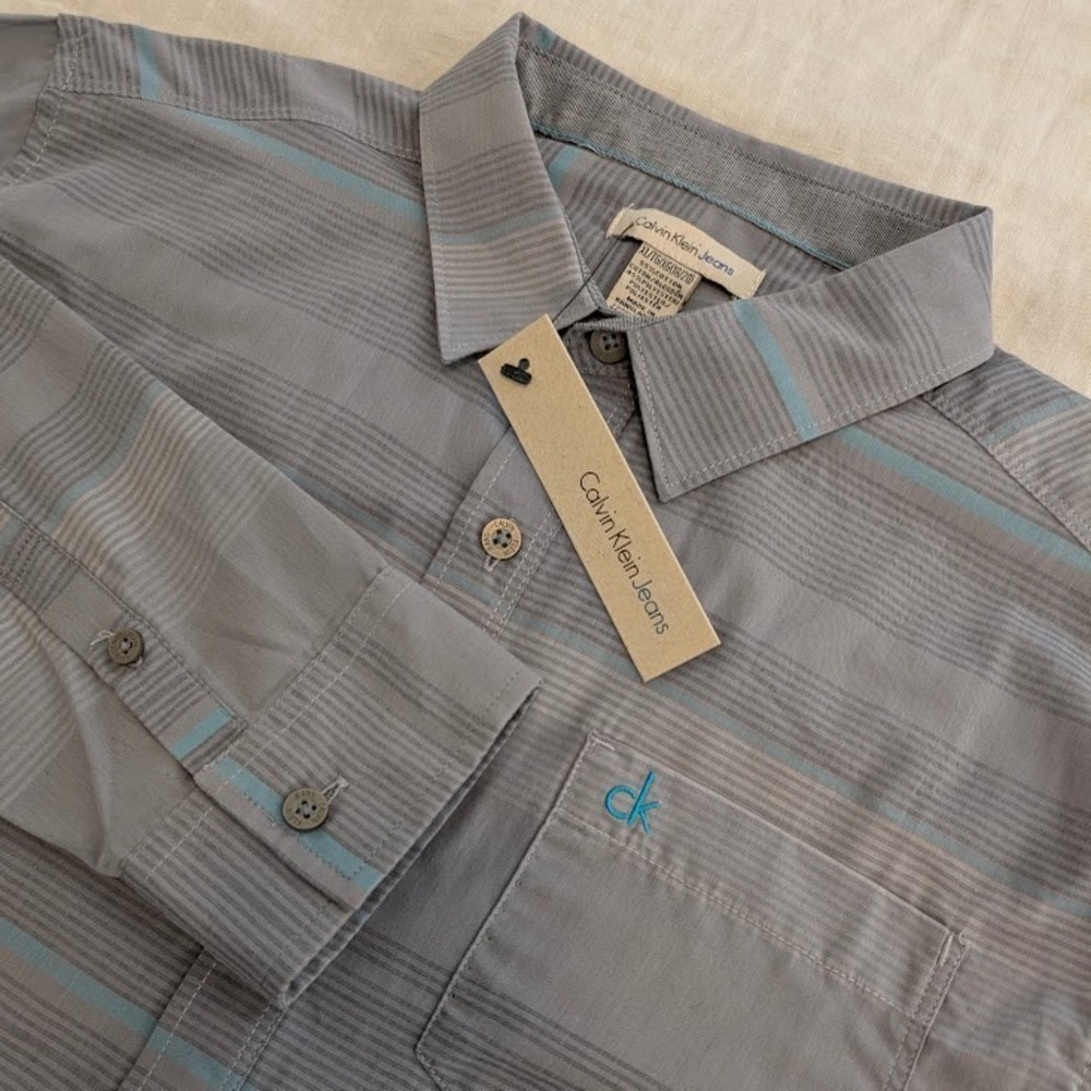 Calvin Klein Button Down‎ Dress Shirt Boys XL 18/20 Charcoal Grey Blue Striped